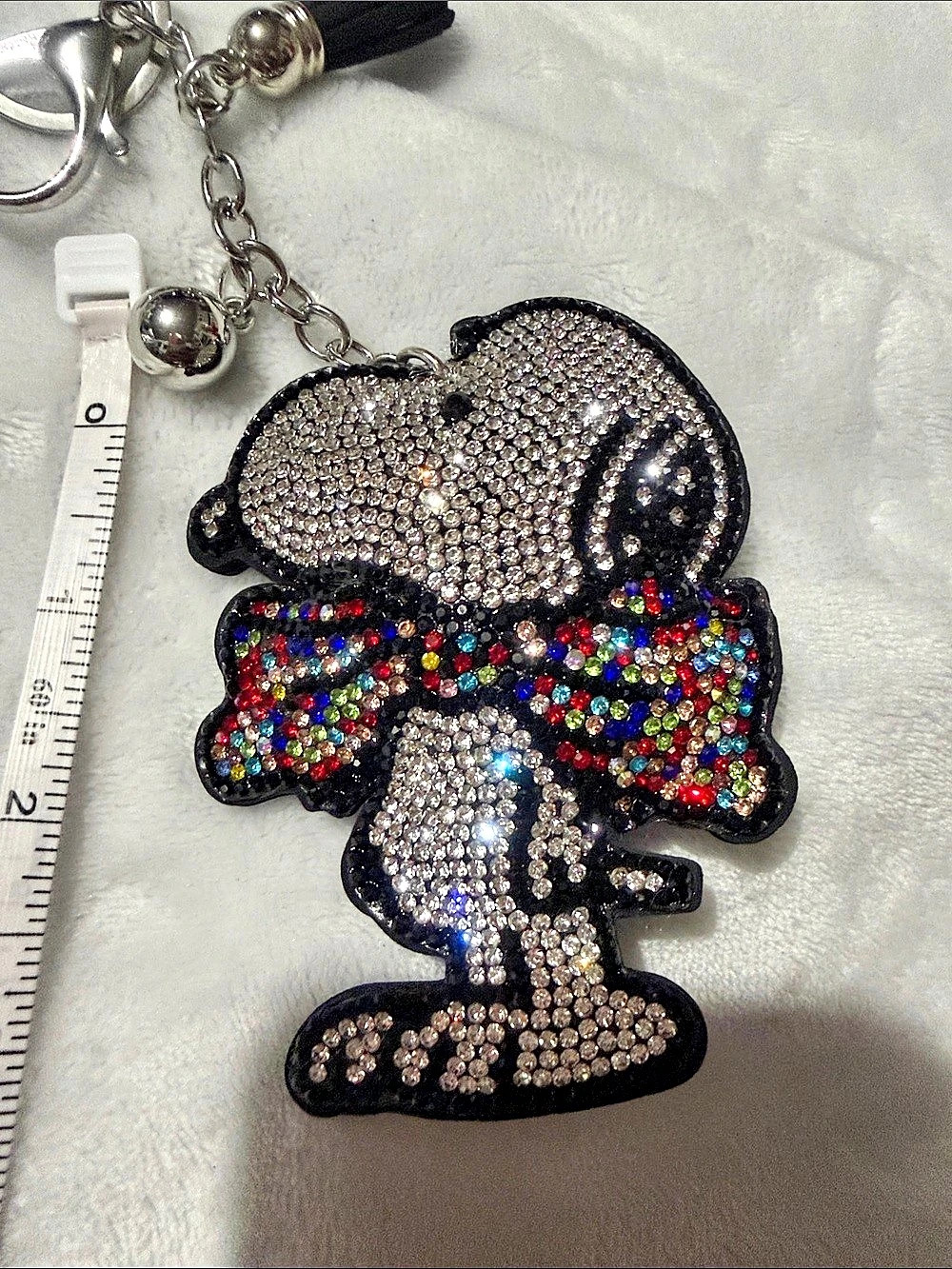 Rhinestone Character Keychain in Black & Silver W/ Colorful Bow